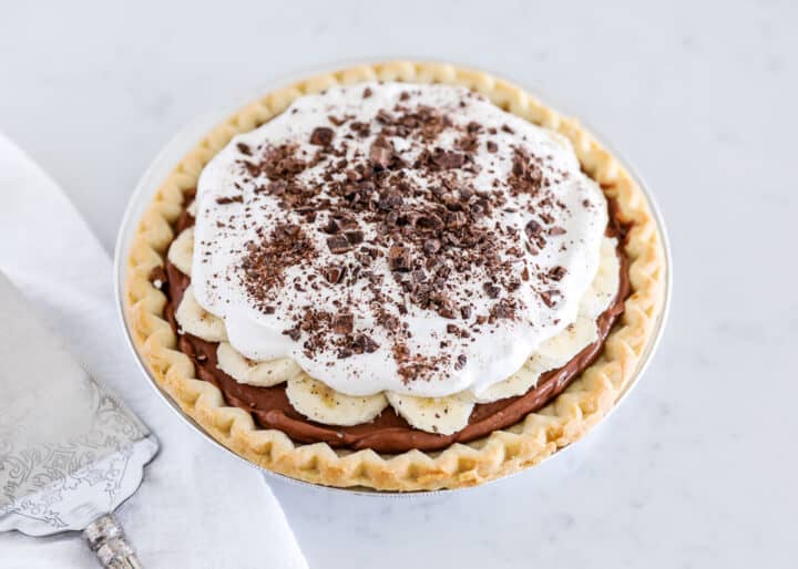 chocolate banana cream pie on counter