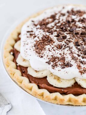 close up of chocolate banana cream pie