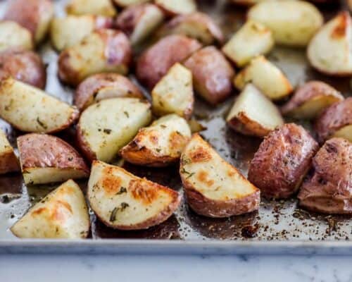 roasted potatoes on metal baking sheet