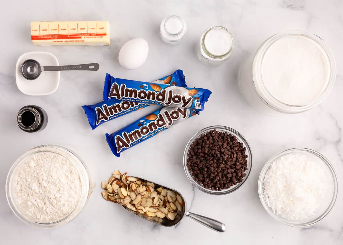 Almond joy ingredients on counter.