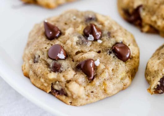 banana chocolate chip cookie on white plate