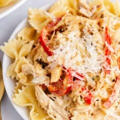 Creamy chicken pasta with peppers on white plate.