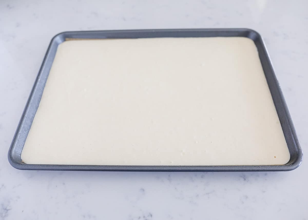 pancake batter in sheet pan 