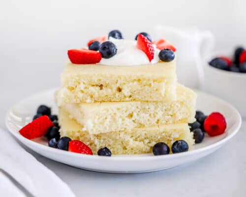 stack of sheet pan pancakes on white plate