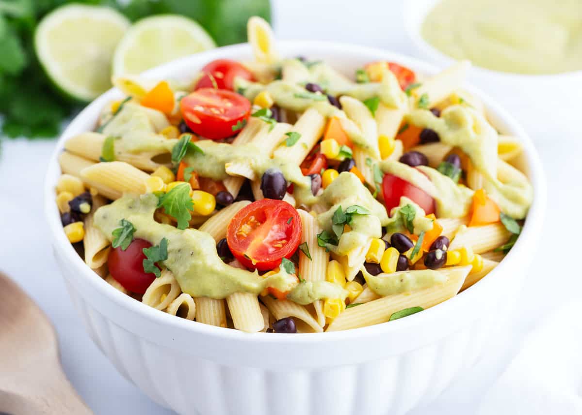 Southwest pasta salad in white bowl.