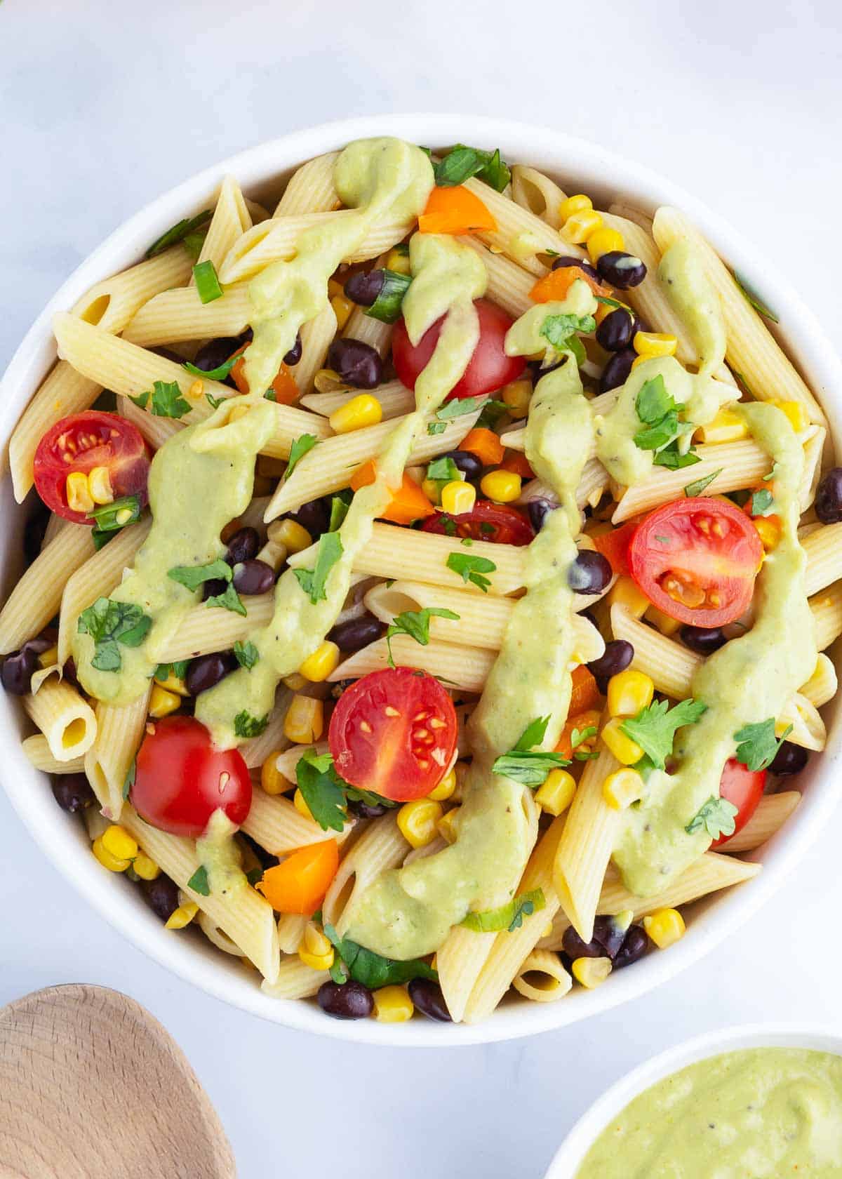 Southwest pasta salad in bowl.