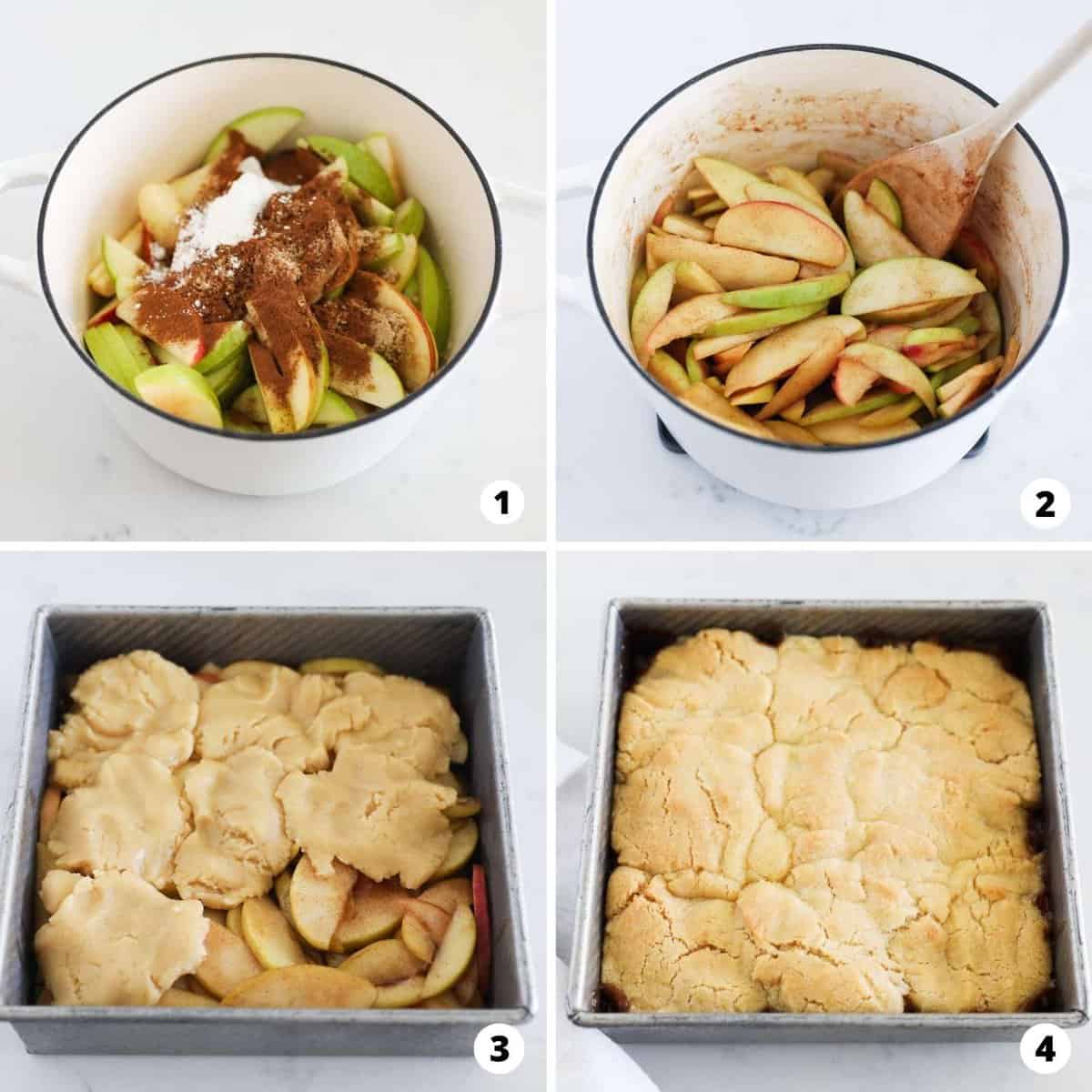 Showing how to make apple cobbler in a 4 step collage. 