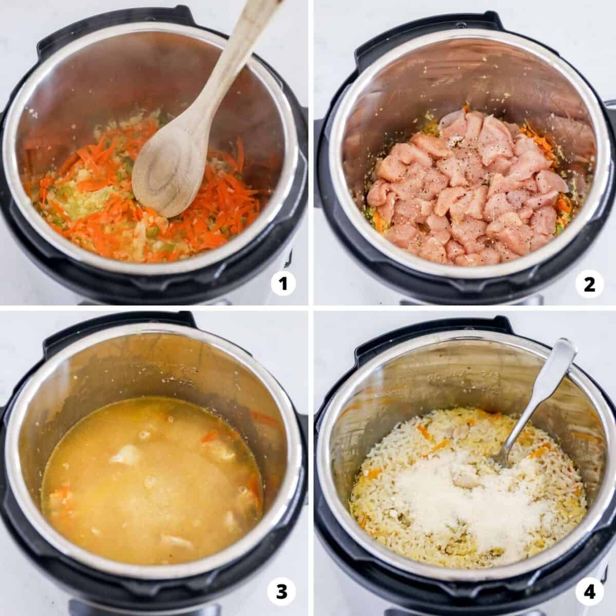 The process of making Instant Pot Chicken and Rice in a 4 step collage.