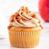 apple pie cupcake with caramel sauce on top