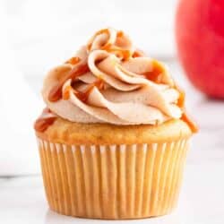 apple pie cupcake with caramel sauce on top