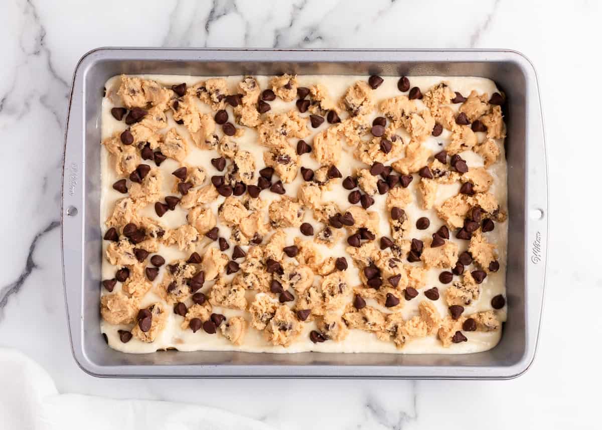 chocolate chip cookie dough sprinkled in pan