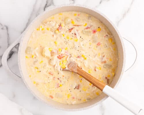 chicken and corn chowder in pot