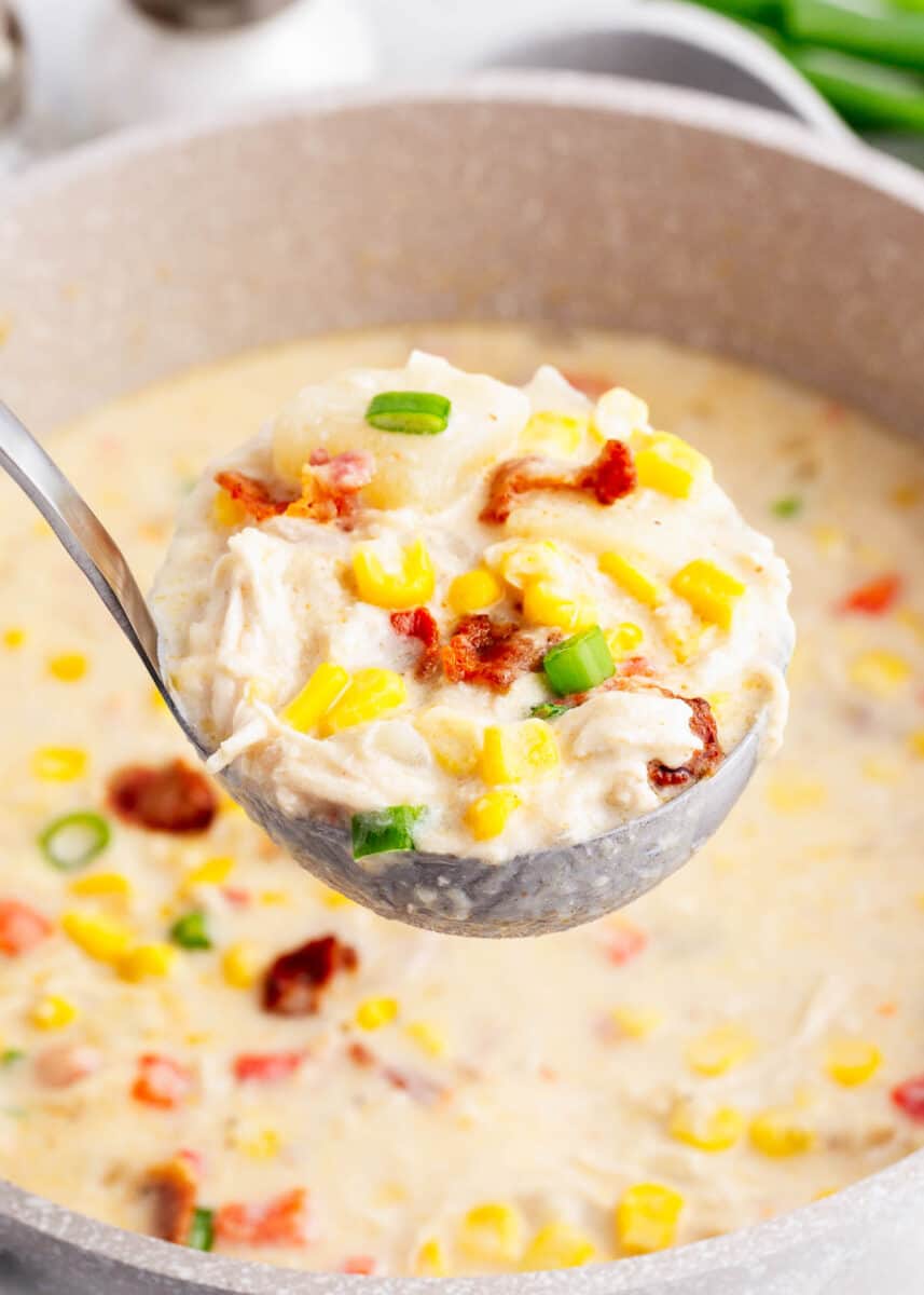 chicken and corn chowder in ladle