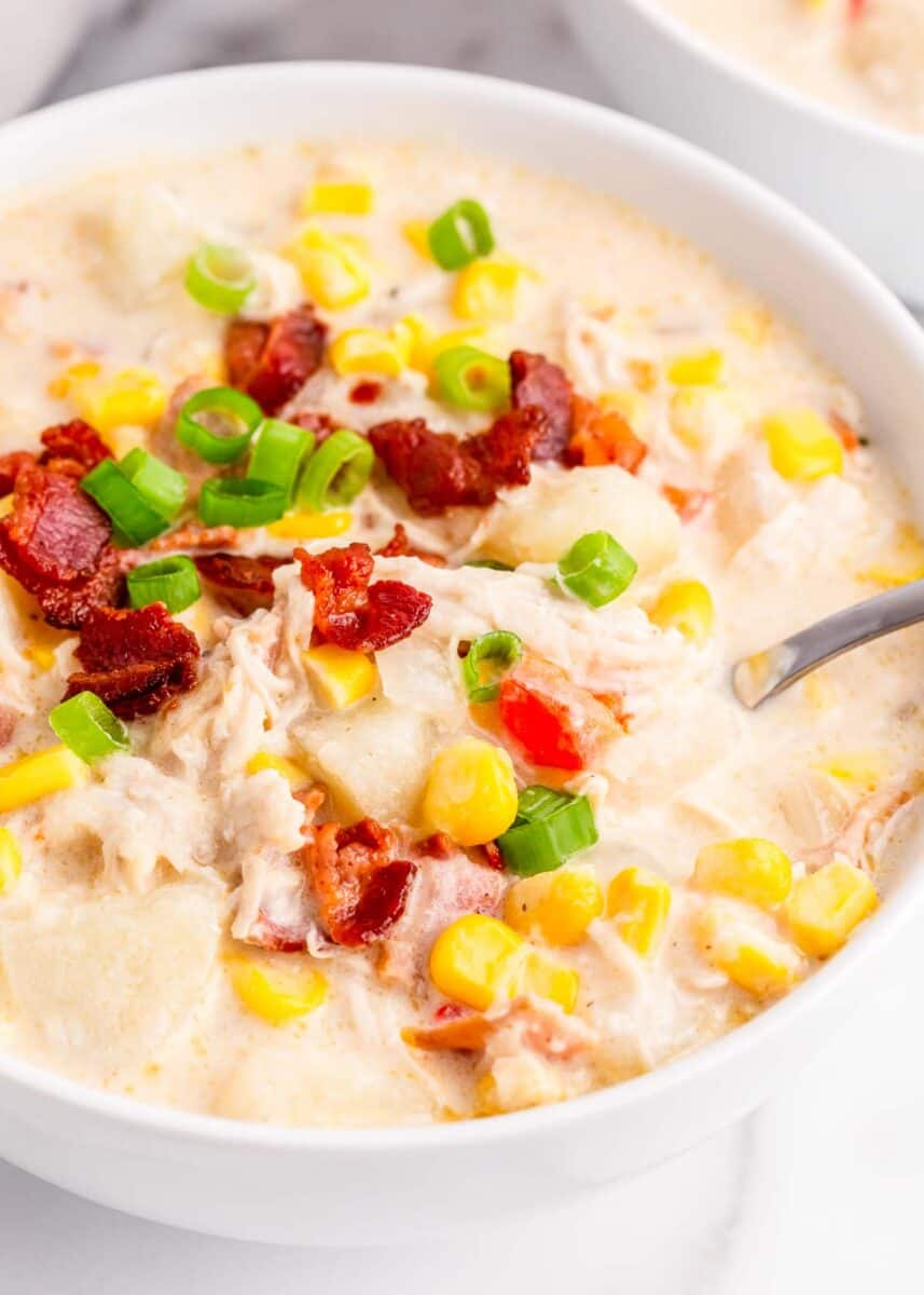 chicken and corn chowder in bowl