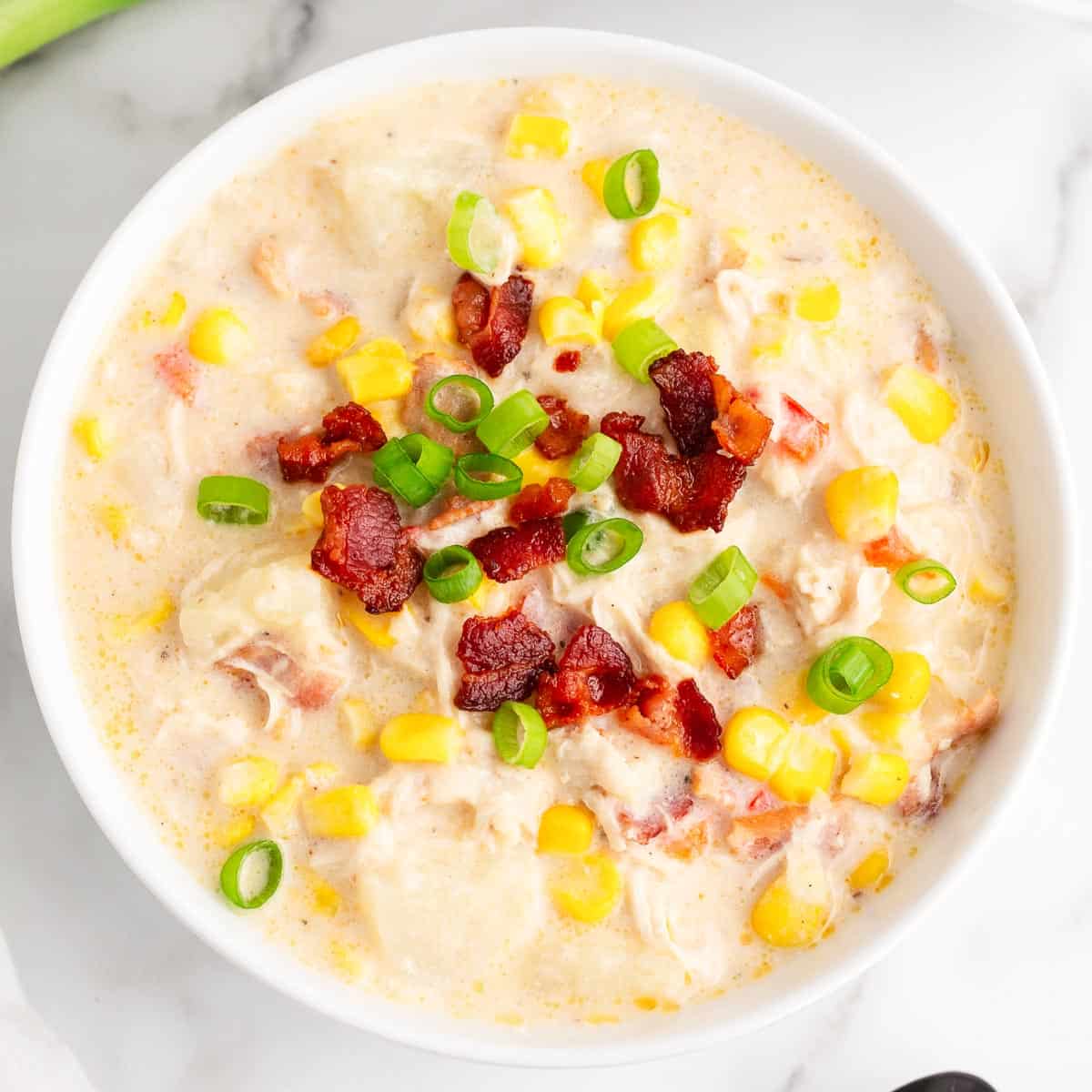 chicken corn chowder with bacon on top