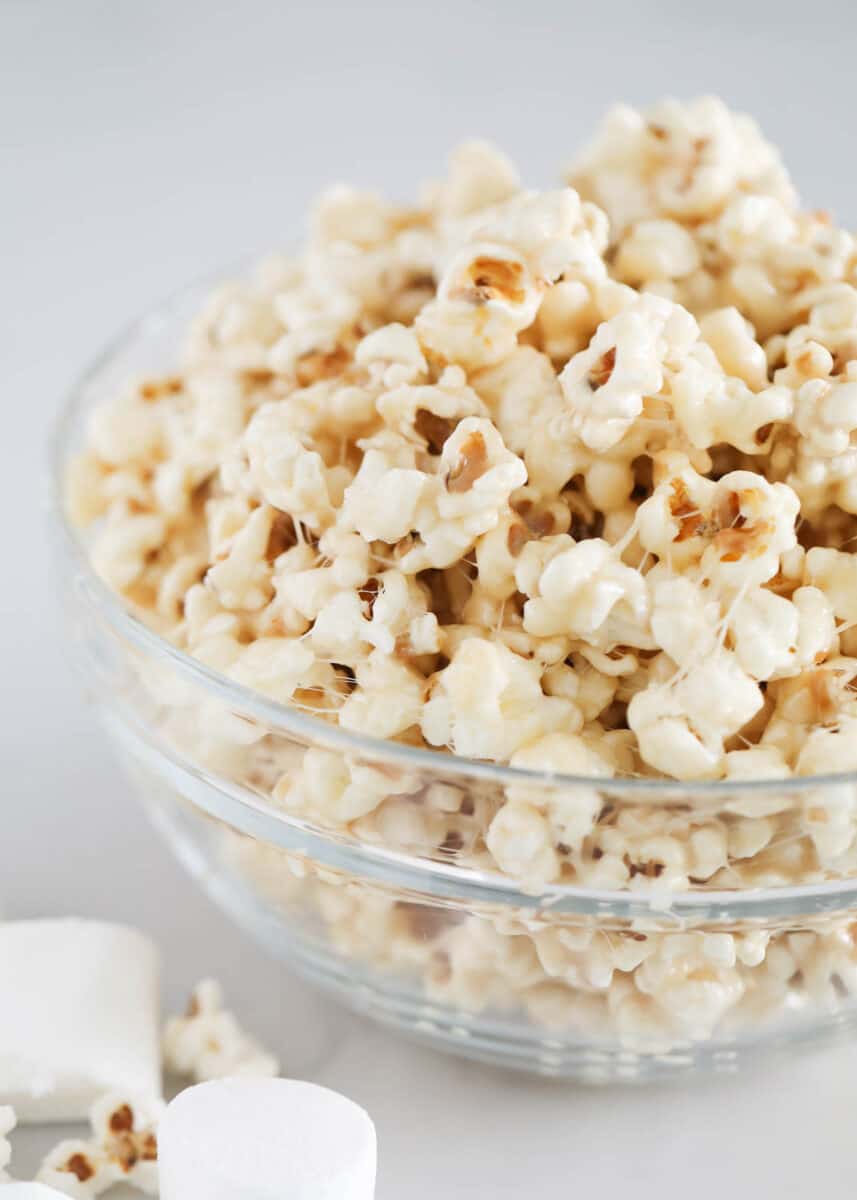 marshmallow popcorn in glass bowl