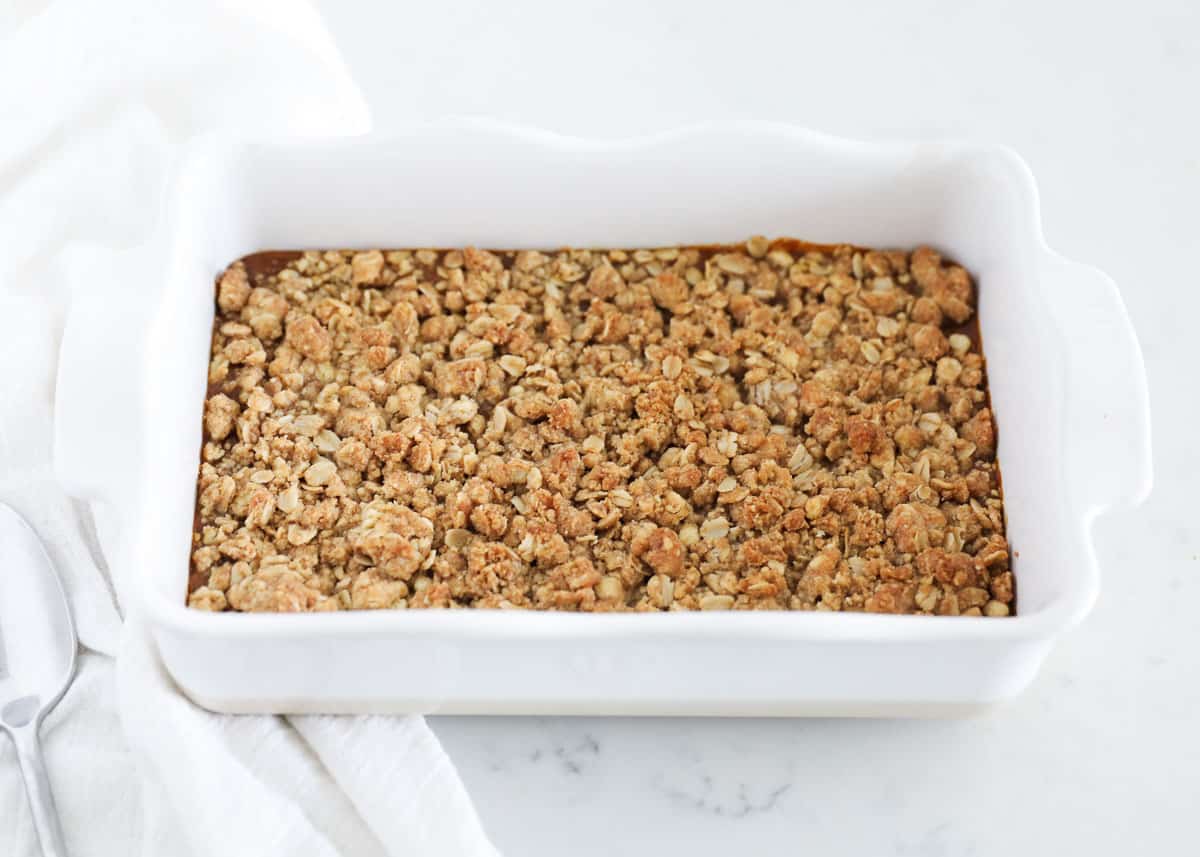 pumpkin crisp in white dish