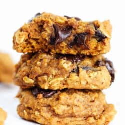 stack of pumpkin oatmeal chocolate chip cookies