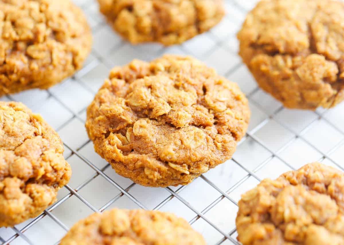 pumpkin oatmeal cookies on cookie rack