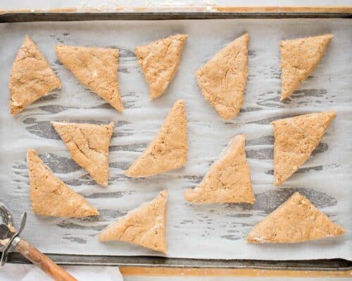 cut scones on a baking sheet