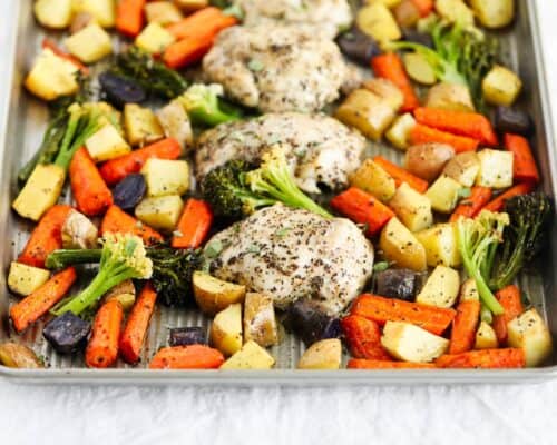 chicken thighs and vegetables on sheet pan