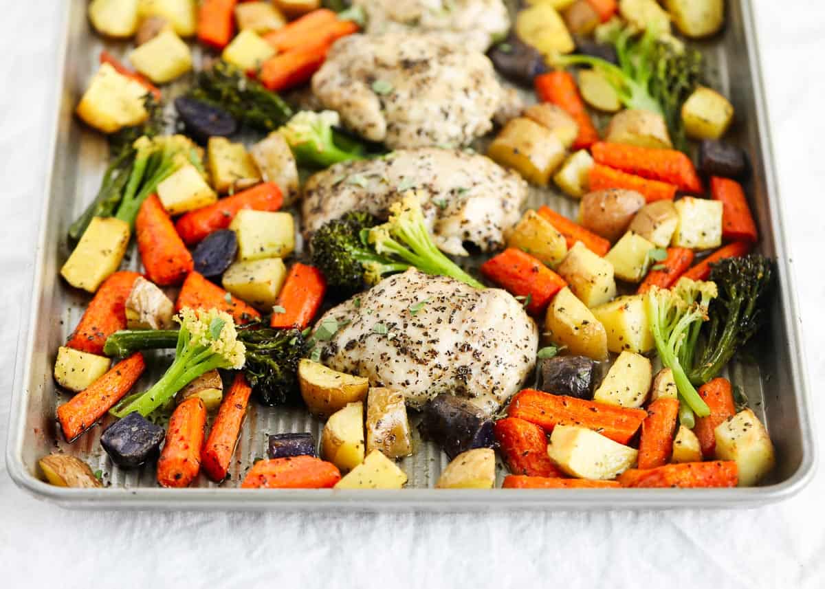 Chicken thighs and vegetables on sheet pan.