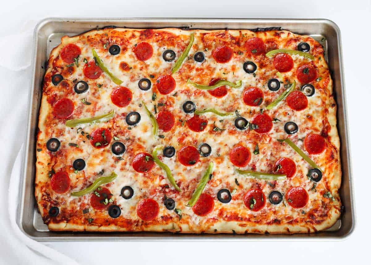 Sheet Pan Pizza Recipe (With Pepperoni and Mushrooms)