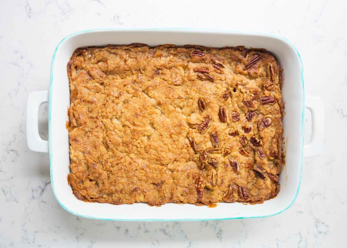 pumpkin dump cake in white dish