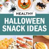 A collage of photos with healthy Halloween snack ideas.
