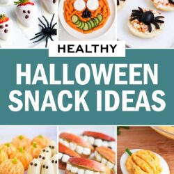 A collage of photos with healthy Halloween snack ideas.