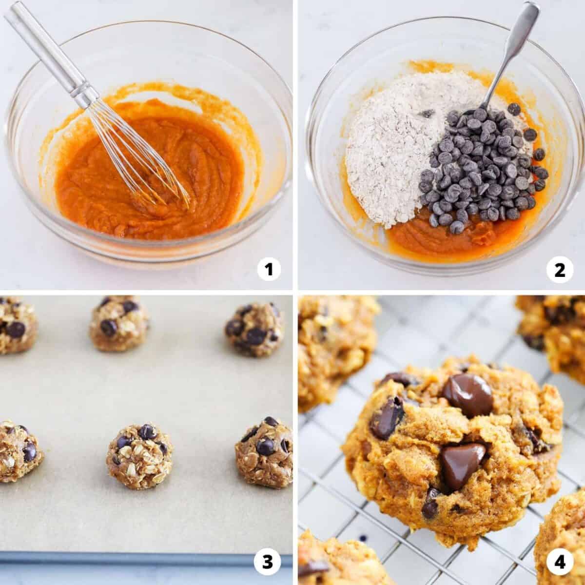 The process of making pumpkin oatmeal chocolate chip cookies in a 4 step collage.