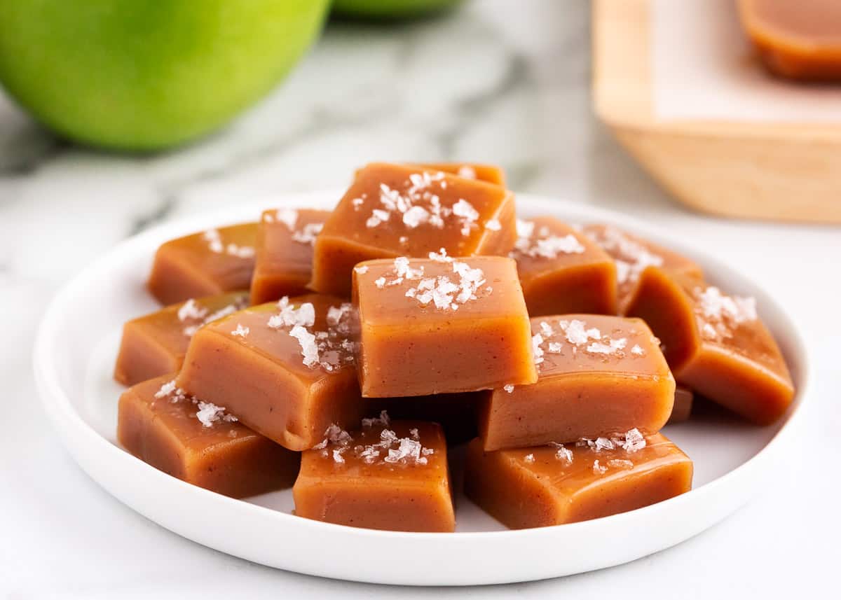 sliced caramels on white plate