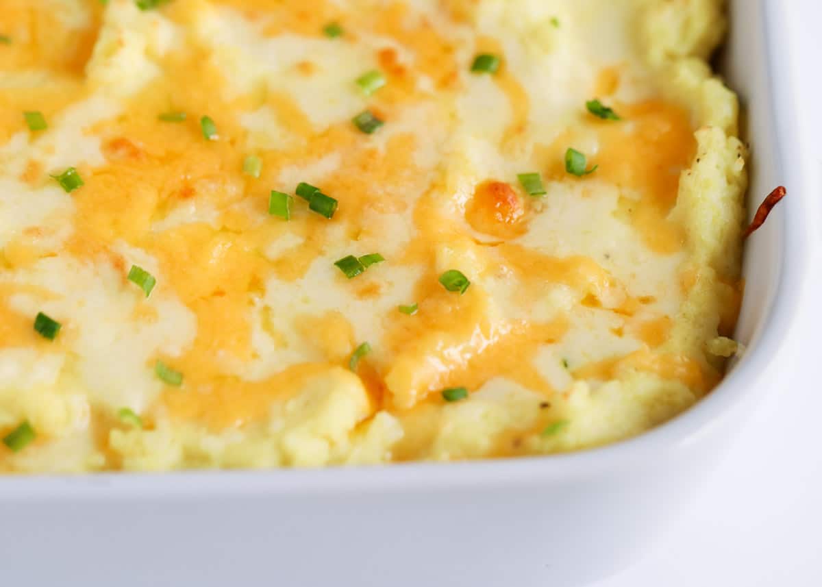 cheesy mashed potatoes on baking dish