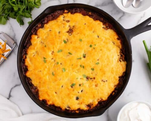 chili cornbread skillet on counter