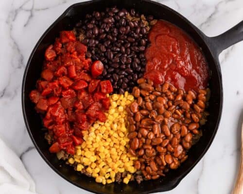 chili ingredients in skillet