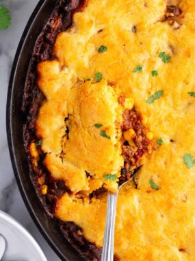 spoonful of chili cornbread skillet