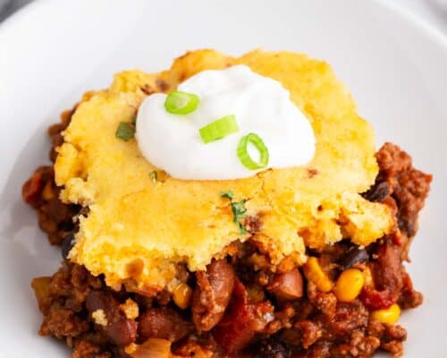 chili cornbread on white plate