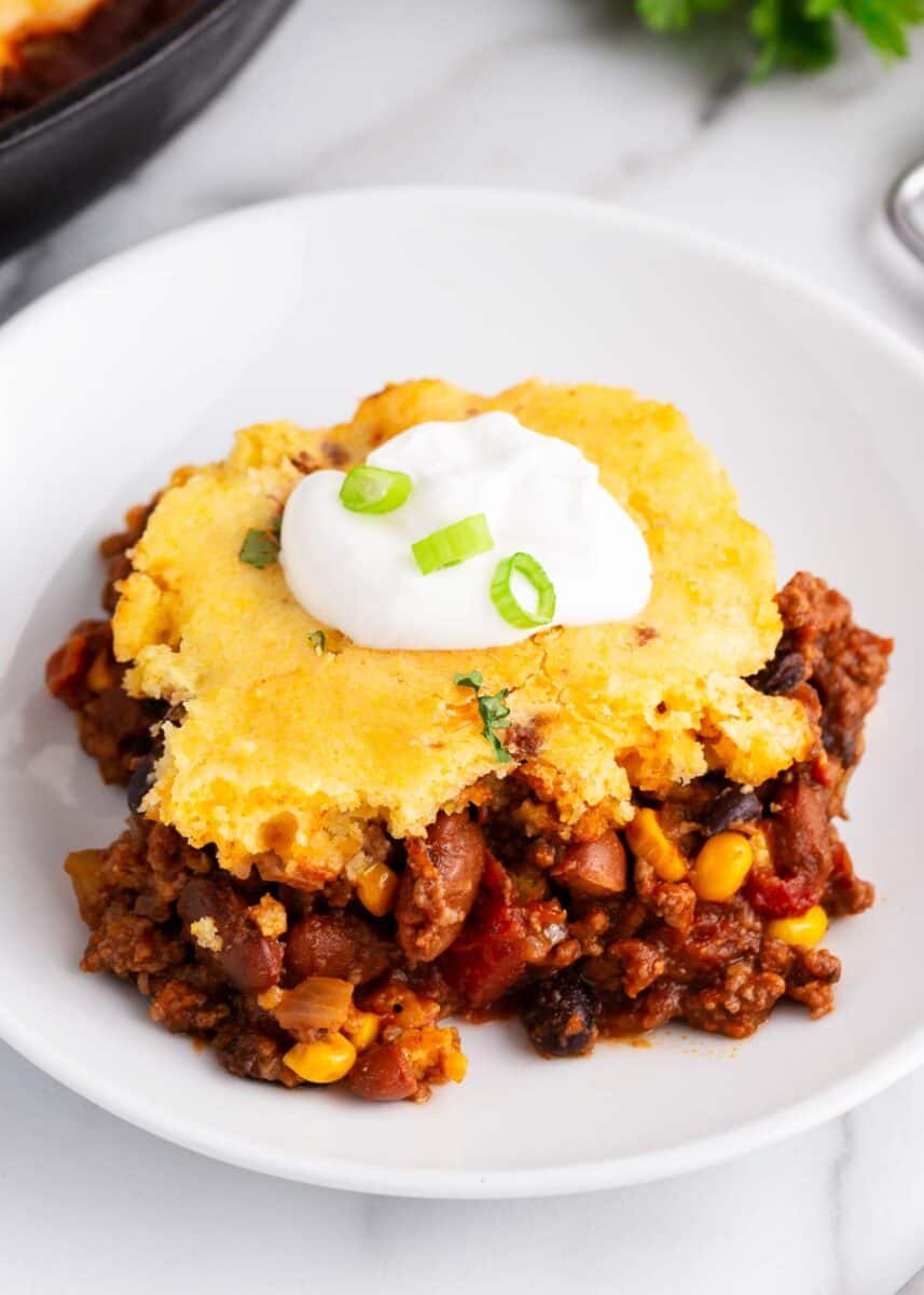 chili cornbread on white plate