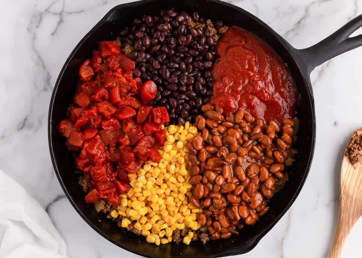 chili ingredients in skillet