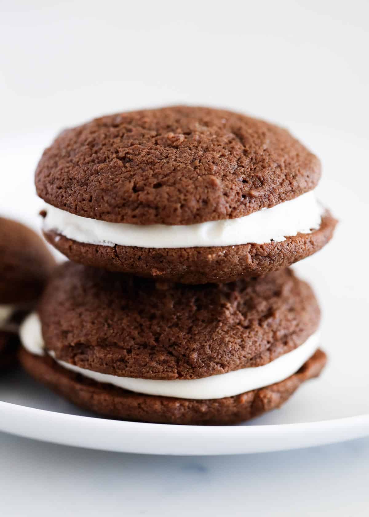 stacked chocolate whoopie pies on counter