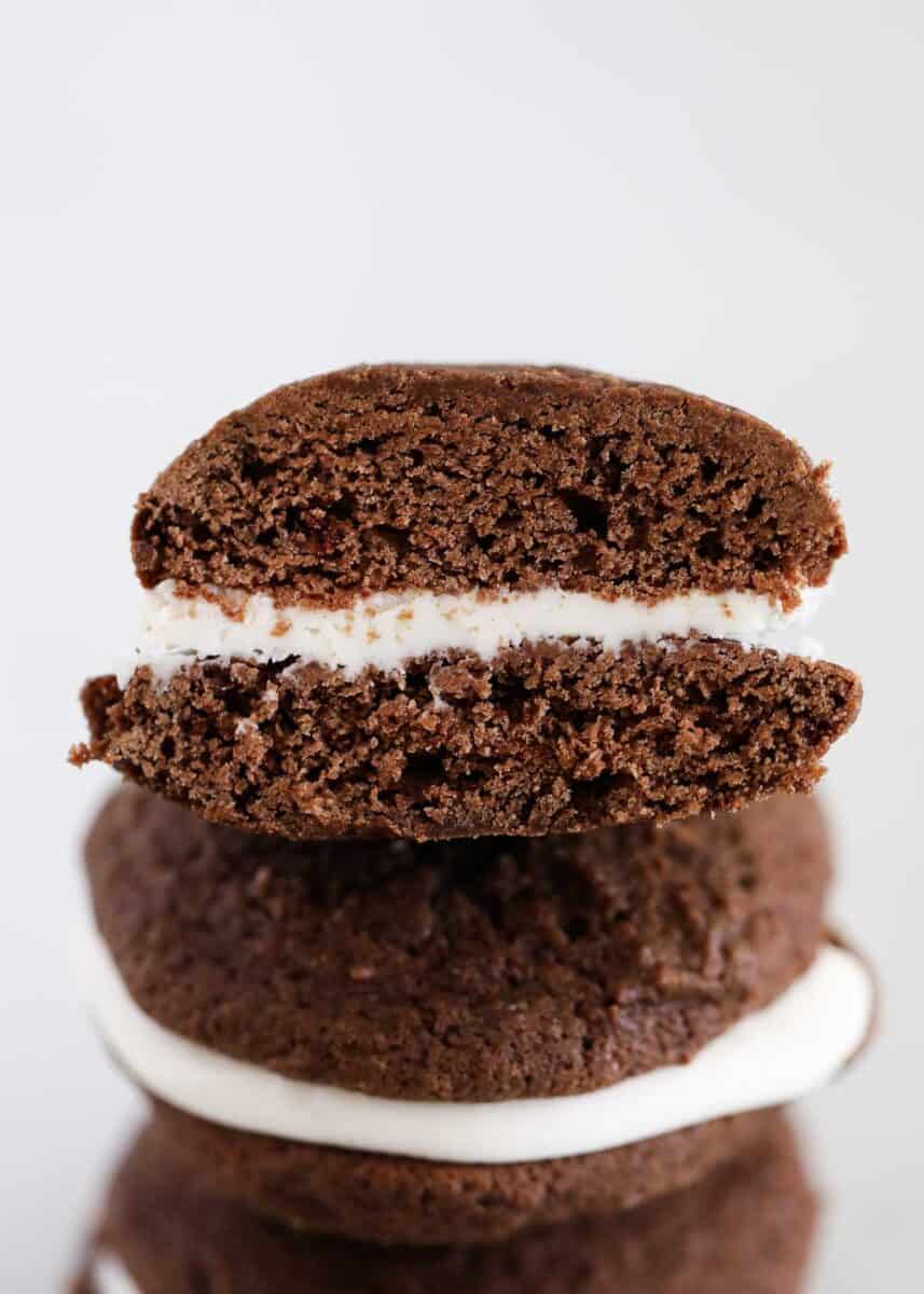 chocolate whoopie pies cut in half