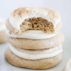 stacked cinnamon roll cookies on counter