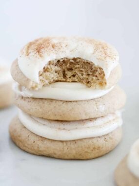 stacked cinnamon roll cookies on counter