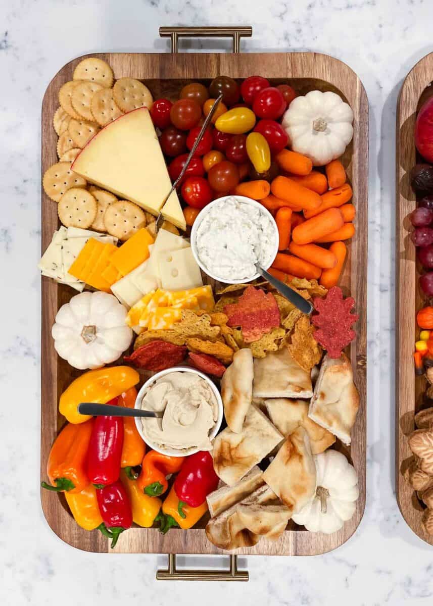 fall charcuterie board on marble counter