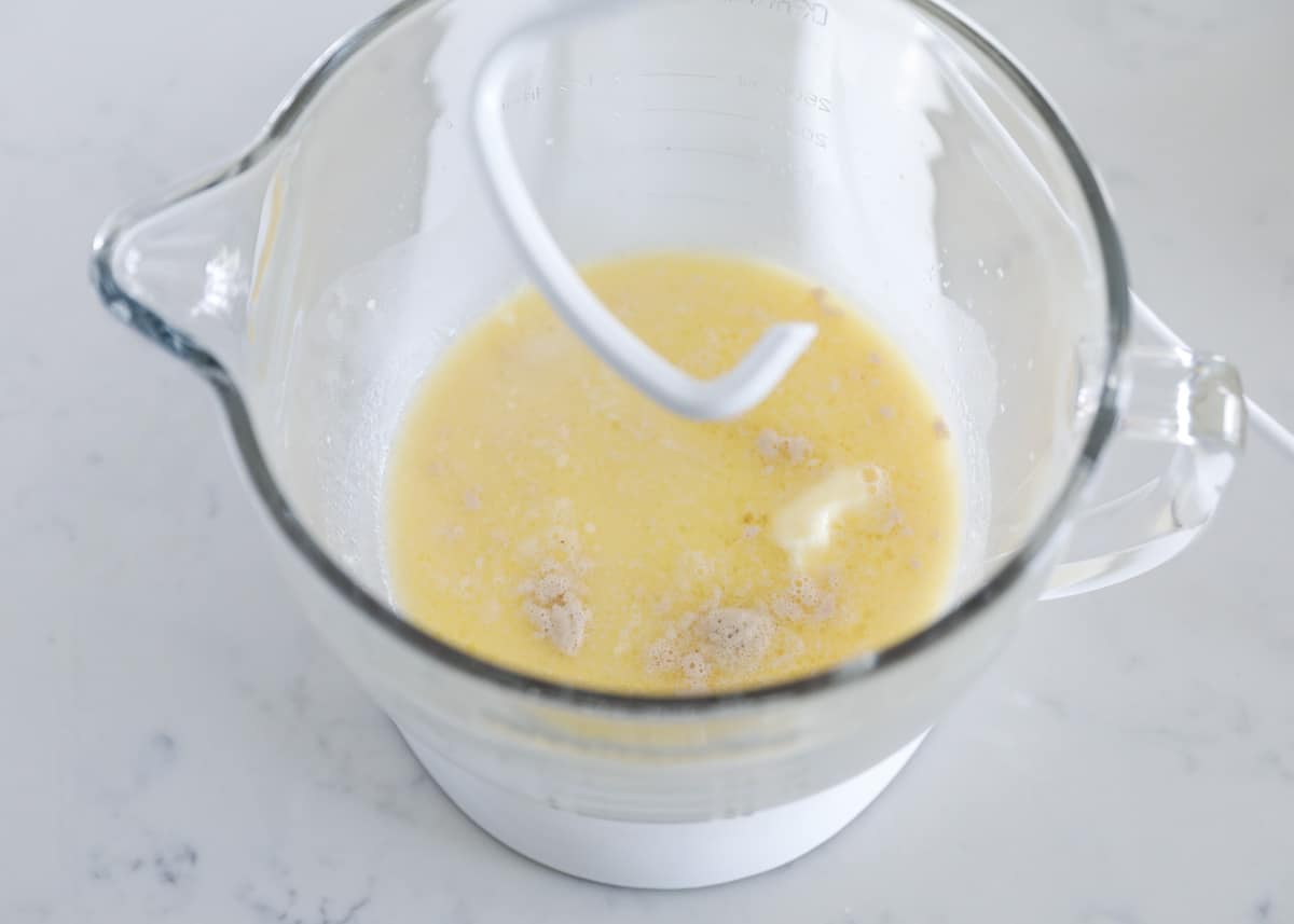 mixing butter and milk in mixer