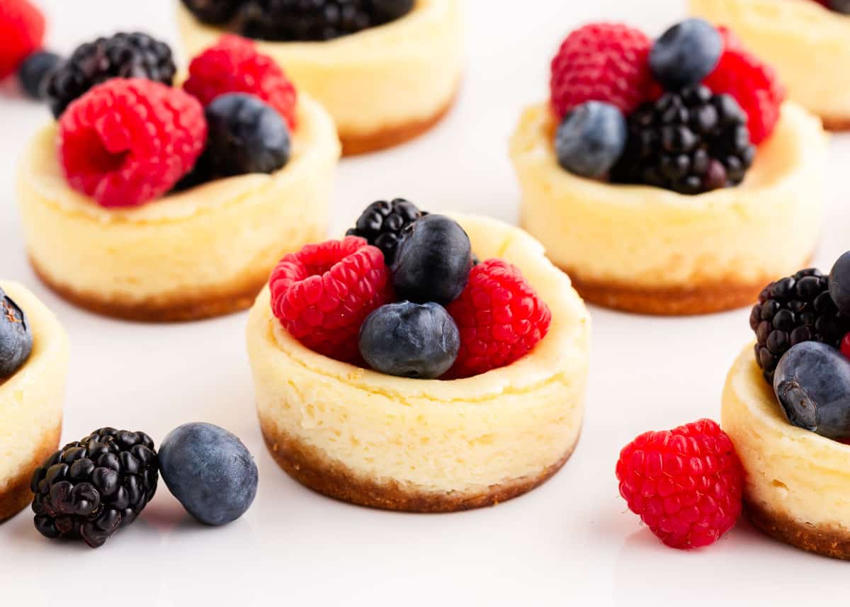 Mini cheesecakes with graham cracker crust are simple, elegant, and deliciously creamy! Top them with anything from fresh berries to chocolate sauce or your favorite jam and serve them as part of a mini dessert tray for holiday parties, showers, and potlucks! mini cheesecakes with graham cracker crust and fresh berries