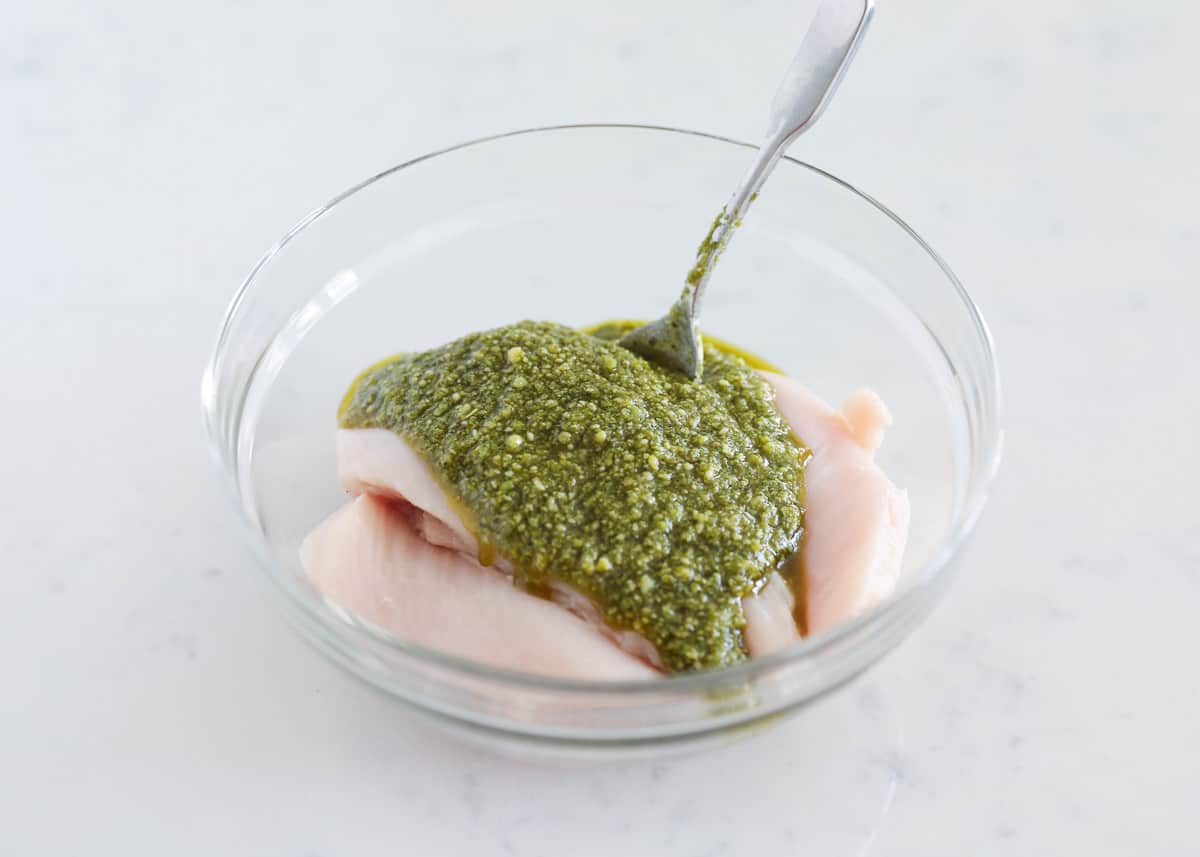 chicken with pesto in bowl