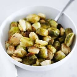 roasted brussel sprouts in bowl on counter