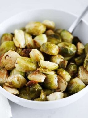 roasted brussel sprouts in bowl on counter