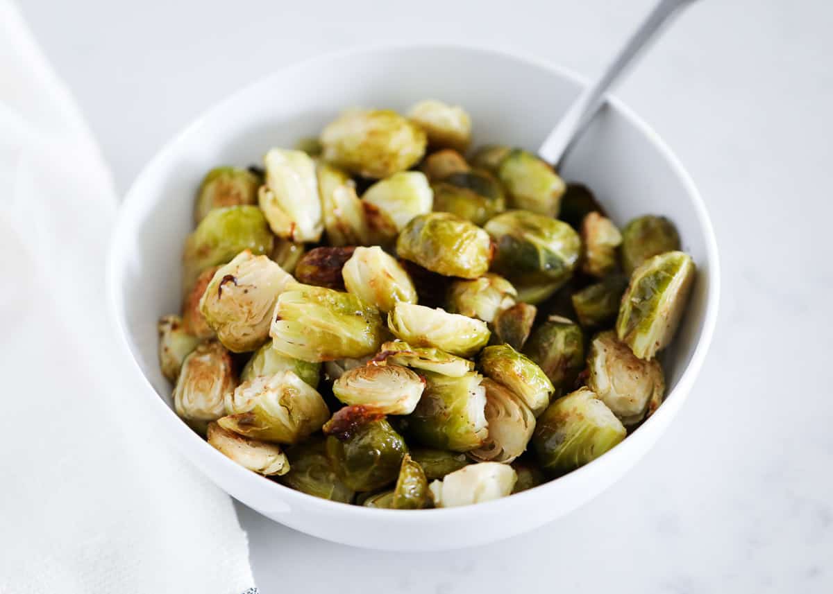 roasted brussel sprouts in bowl on counter